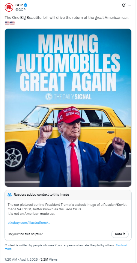 开云真人-美国制造回归？共和党海报闹“俄车美制”大乌龙